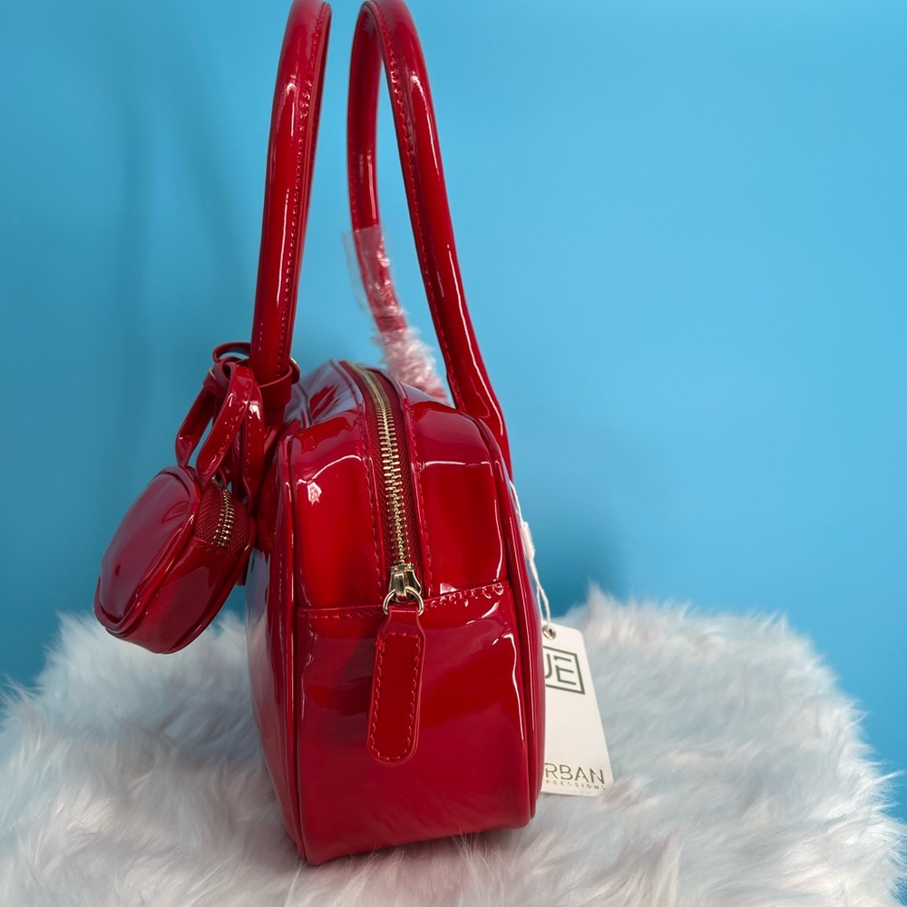 Vibrant Red Glossy Shoulder Bag with Cylindrical Design - Picture 7 of 9